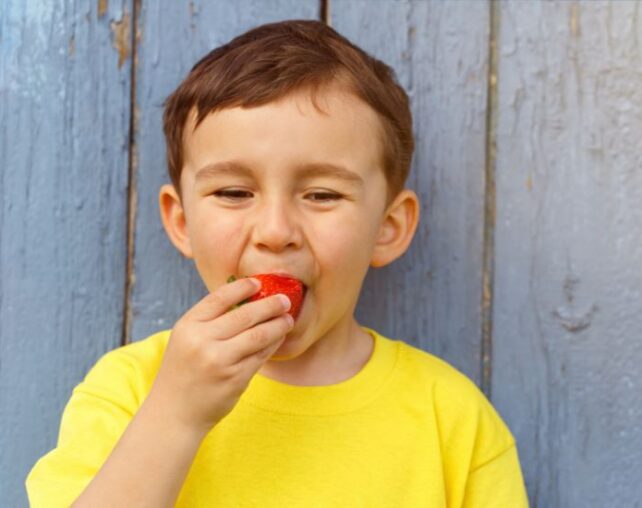 boy eating strawberry